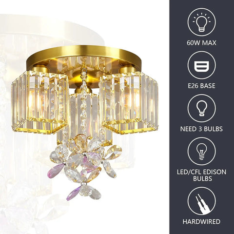 Three Light Semi Flush Mount Ceiling Fixture In Black And Gold With Crystal Accents, 60W E26 Base, featuring cluster crystals.