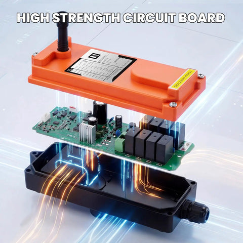 Exploded view of Eight Button Wireless Crane Remote Control For 12V Lift With Two Transmitters Industrial Channel Electric Hoist Radio Switch Receiver 100 Meters Range 360 Degree Barrier Free Operation Durable Nylon Case showing high strength circuit board.