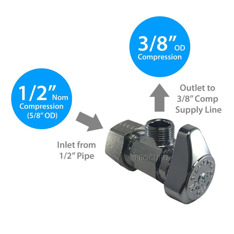 Image of Four-Pack One Half Inch Nominal Compression To Three-Eighth Inch OD Outlet Chrome Plated Brass Quarter Turn Angle Stop Valve No Nut Or Sleeve Included