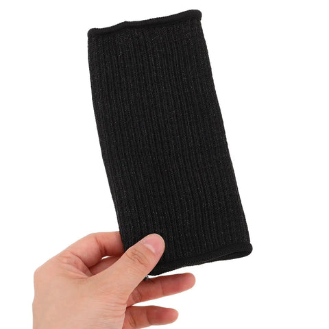 Straight Up Tough Cut Resistant Arm Sleeves Six Inches Long Black Two Pack Lightweight Breathable Mesh with elastic band in hand.