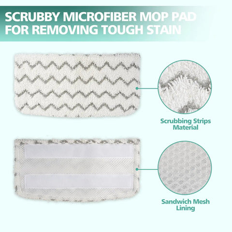Diagram of 4 Pack Microfiber Steam Mop Replacement Pads For S1000 Series with scrubbing strips and mesh lining details.