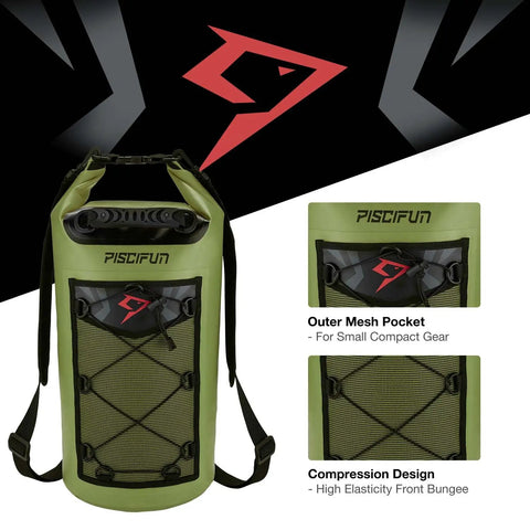 Green Waterproof Backpack 10L 20L 30L 40L With IPX8 Phone Case For Water Sports, mesh pocket and bungee cords detail