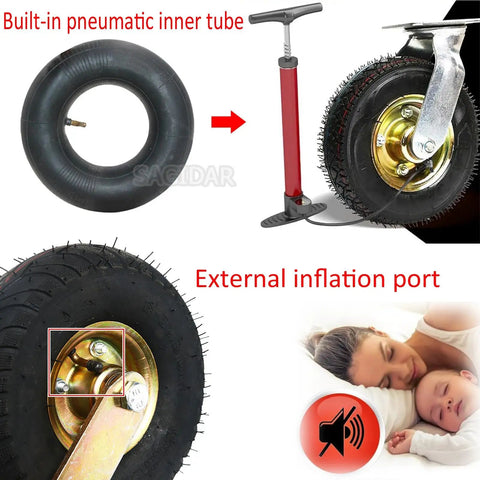 Heavy Duty Swivel Casters With Thick Rubber Pneumatic Wheels 4 Pack with built-in inner tube and external inflation port.