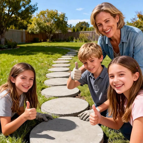 Family with kids giving thumbs up on 4 Pack Round Stepping Stone Molds For Concrete, 13.6 Inch Diameter And 1.53 Inch Depth pathway.