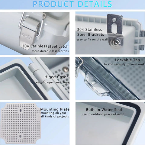 Product details of Outdoor Grade IP67 Waterproof Junction Box, Tough As Nails ABS Plastic Electrical Enclosure With Stainless Steel Latch And Hinged Cover, Includes Mounting Plate, Wall Brackets And Cable Glands, 260x160x100mm