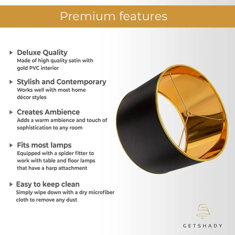 Dope Black Drum Lampshade With Spider Fitter And Harp Compatibility, 13 Inch Diameter And 8.5 Inch Height, gold interior view