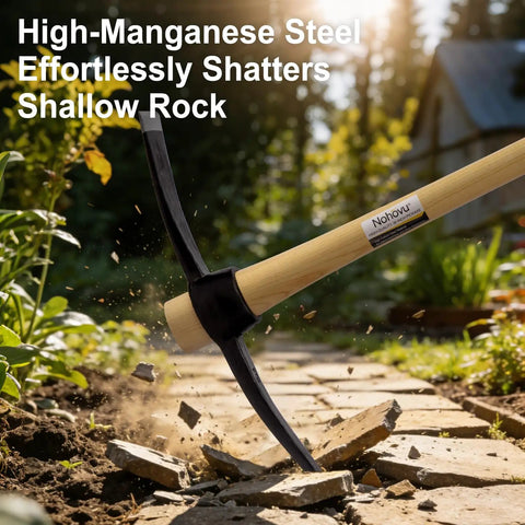 Beefy Heavy Duty Pickaxe With Wood Handle in action breaking a stone pathway, showcasing forged high carbon steel head.
