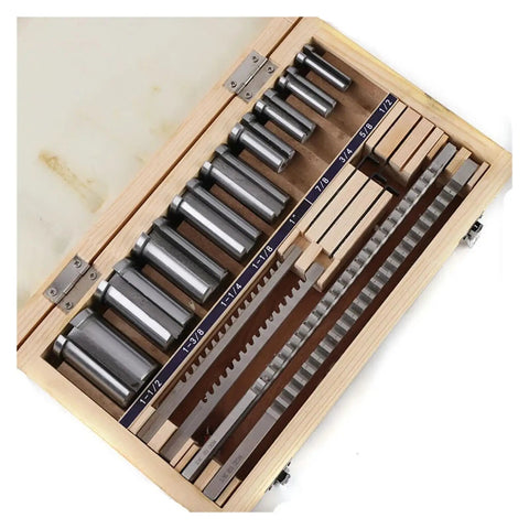 Open wooden case of Keyway Broach Kit 18 Piece HSS Metric Set For CNC Machining with bushings and broaches visible