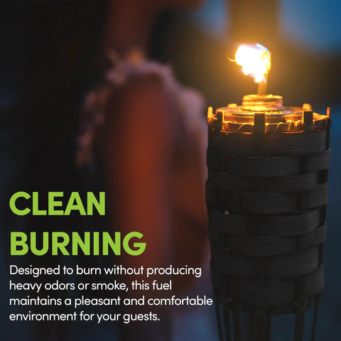 Citronella Torch Fuel With Clean Burning Biodegradable Formula And Extended Burn Time For Oil Lamps And Tiki Torches Great For Backyard Hangouts And Patio Parties 1 Gallon Pack Of 1 adjacent to a lit tiki torch.