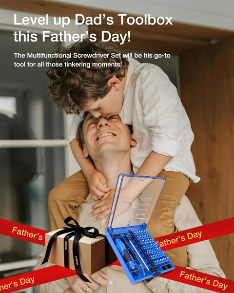 Father and child with 45-In-1 Mini Precision Screwdriver Set, perfect gift for tech repairs, featuring magnetic bits and extension shaft.