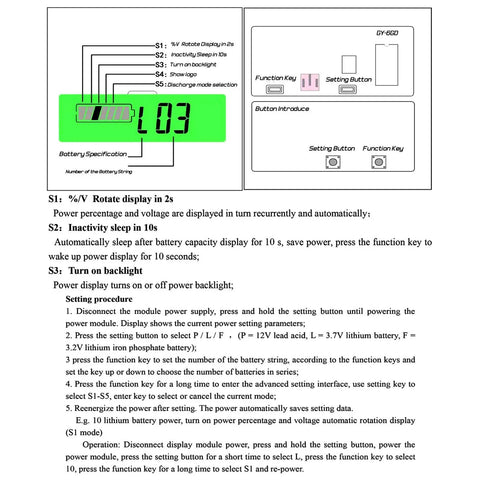 Instruction manual for Two Piece Battery Indicator Voltage Meter DC 12V To 84V With Alarm For Golf Cart, Lithium Ion Battery Capacity Monitor, Auto Detects Voltage, Green Display, Replacement Gauge For EVs And Golf Carts shown with green backlit display diagram and button functions.