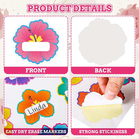 90Pcs Hibiscus Flower Name Tag Stickers Set With 9 Dope Styles Colorful Floral Blank Nameplates Self Adhesive Labels with colorful designs, label, and adhesive back shown.