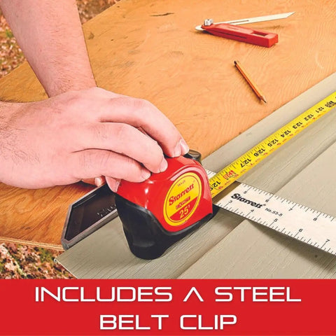 Person using Exact Retractable Imperial And Metric Pocket Tape Measure With Nylon Coating Self Adjusting End Hook Steel Belt Clip Half Inch Wide Twelve Foot Length Heavy Duty Built To Last ABS Case on a wooden surface
