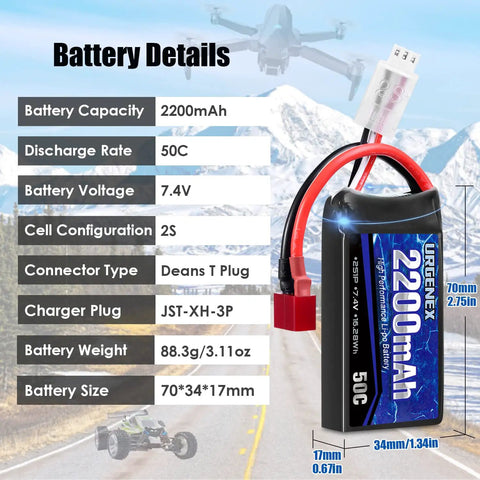 7.4V 2200mAh LiPo Battery With 50C Burst 80C High Discharge For RC Cars Truggies Drones Planes And Helis Deans T Plug USB Charger Included