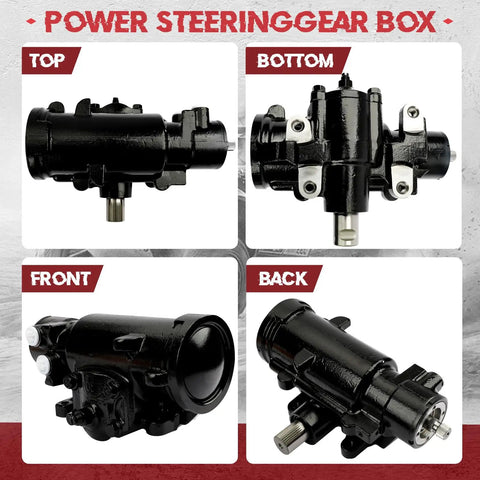 Heavy Duty Power Steering Gearbox For Chevy And Gmc Trucks 1980 To 1991, shown from top, bottom, front, and back views in black finish.