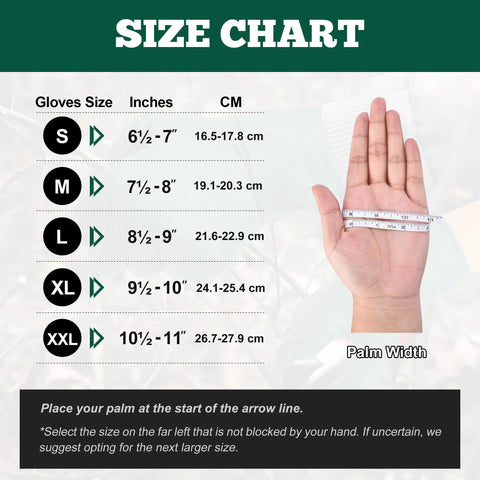 TitanFlex nitrile gloves size chart showing S to XXL sizes and a hand with measuring tape for palm width.