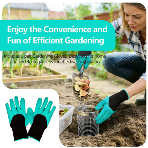 Person using Two Pack Underground Worm Composting Bin With Gardening Gloves For Family Garden Outdoor Use Stainless Steel Round Composter With 360 Degree Ventilation And Easy Buried Setup in garden