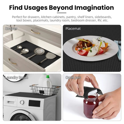 Super Thick Non Adhesive Shelf Liner For Kitchen Cabinets And Drawers Rock Solid Anti Slip Grip Heavy Duty Easy Cut Micro Foam Mat For Pantry And Bathroom Organization Black Roll in drawer, placemat, laundry room, and jar opener use.