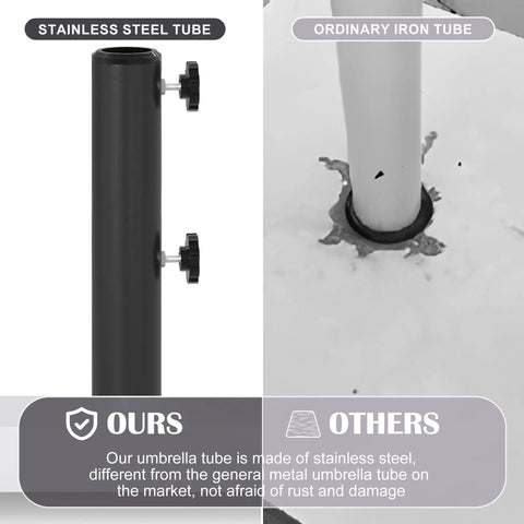 Sturdy 40 Pound Outdoor Umbrella Base With Stainless Steel Tube And Heavy Duty Square Steel Stand In Black Powder Coat For Patio Deck Or Garden No Maintenance Required Rust Proof Finish, showing comparison with ordinary iron tube.