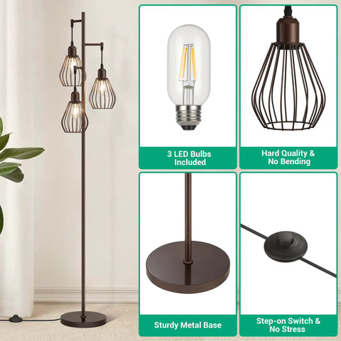 Industrial Tree Floor Lamp With Three Teardrop Cage Heads And 3000K Edison Bulbs, rustic brown base and step-on switch
