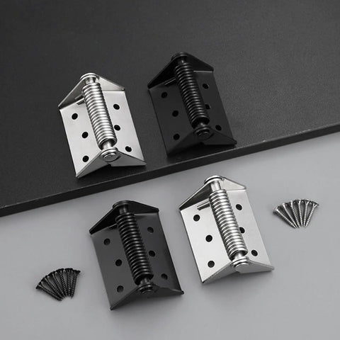 Four Spring Door Hinge Self Closing Heavy Duty Manganese Steel Door Closer with screws, black and silver finish.