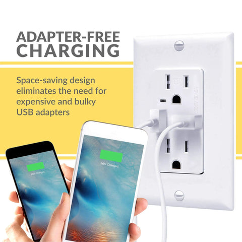 10 Pack 4.6A USB Outlet High Speed Charger With Tamper Resistant Receptacle showing two USB ports and phones charging