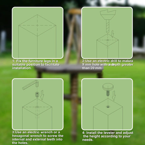 Instructions for installing Heavy Duty 1/4 Inch Thread Adjustable Furniture Levelers For Tables Chairs And Bar Stools Screw On Foot Glides.