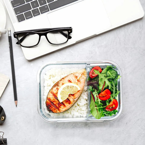 Glass Meal Prep Containers Set With Two Compartments 36 Oz Each Premium Borosilicate Glass Upgraded Snap Lock Lids filled with food
