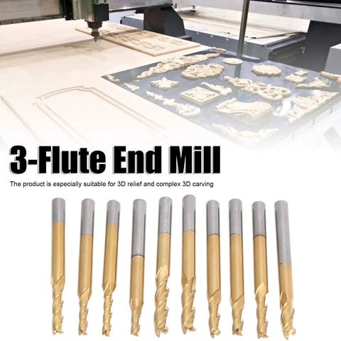 Ten 3-flute end mills with round shanks, Ti-plated tungsten steel; for woodworking and acrylic CNC milling.