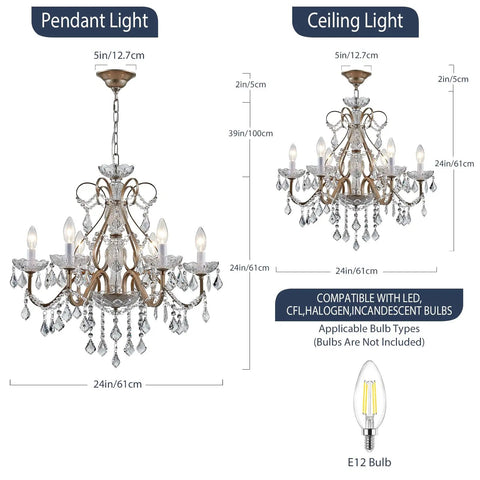 Rustic Black Iron Pendant Chandelier With Crystal Accents displayed with measurements, requires 5 E12 bulbs, ceiling mounted.