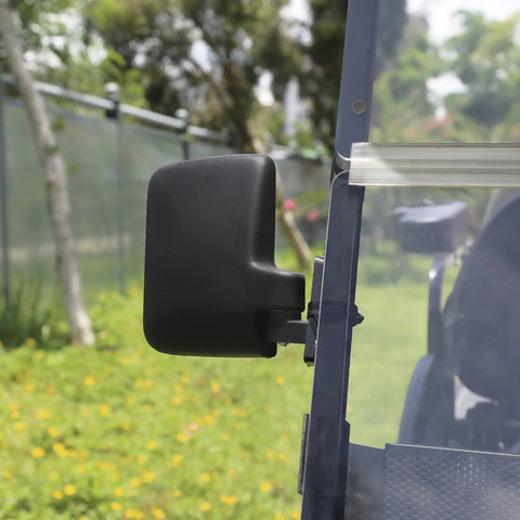 Close-up of Universal Folding Golf Cart Side Mirror With No Drill Install Roof Bracket on golf cart