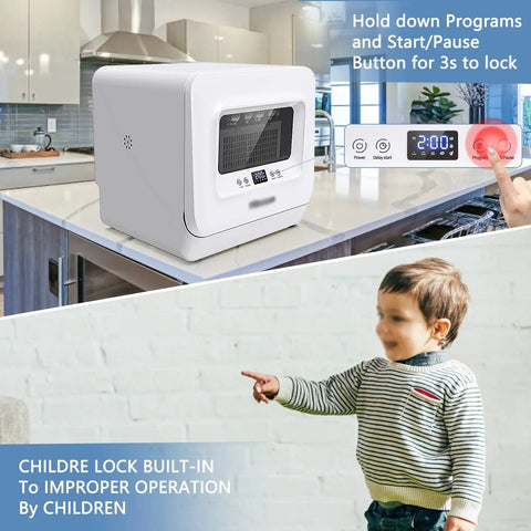 Hassle Free Countertop Dishwasher Fully Automatic Smart Drying Front Loading Compact, showcased in a bright kitchen with child lock feature.