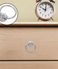 8 Pieces Silver Metal Ring Pulls Cabinet Hardware Set For Kitchen Dresser And Cupboard Doors Round Drawer Knobs Zinc Alloy Easy DIY Install Universal Fit Sleek Modern Knobs For Your Furniture Upgrade, shown on wooden dresser.