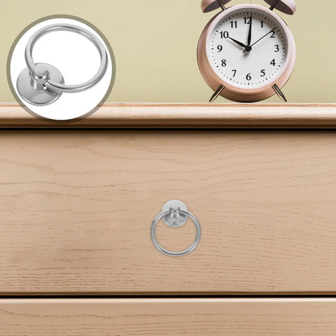 8 Pieces Silver Metal Ring Pulls Cabinet Hardware Set For Kitchen Dresser And Cupboard Doors Round Drawer Knobs Zinc Alloy Easy DIY Install Universal Fit Sleek Modern Knobs For Your Furniture Upgrade, shown on wooden dresser.