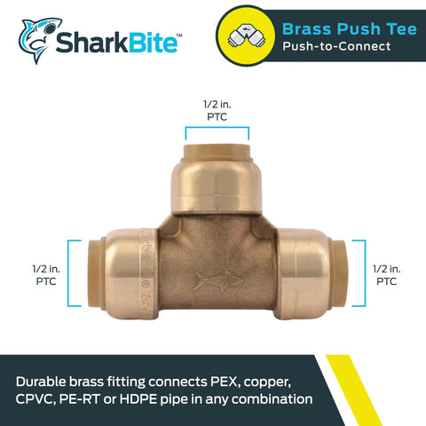 Half Inch Push To Connect Brass Tee Fitting For PEX Copper CPVC PE-RT HDPE Piping, Quick Connect Plumbing Tee For Tight Spaces