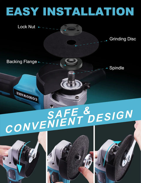 Cordless Four And A Half Inch Angle Grinder With 20V Brushless Motor 4Ah Battery And Fast Charge Up To 9000 RPM No Cable Hassle, demonstrating easy disc installation with exploded view and user guide.