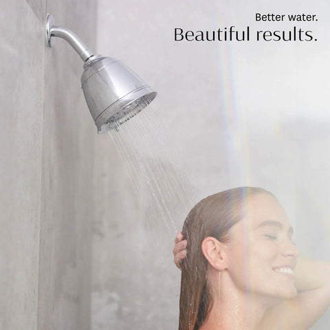 Adjustable Chrome Shower Head With Chlorine Filter And Mineral Water Filtration Copper Zinc Calcium Mineral Blend Reduces Free Chlorine And Hydrogen Sulfide Say Goodbye To Chlorine Smell Seven Spray Settings Anti Scaling No More Rusty Water in use showering woman
