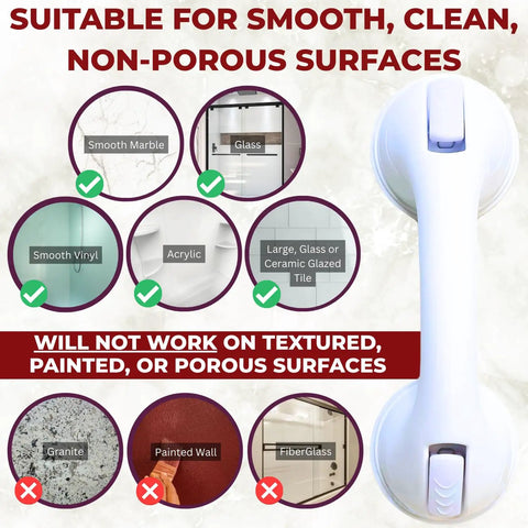 No Tools Needed Suction Cup Bath Grab Bar For Bathtub And Shower Walls Safe Portable Bathroom Assist Handle White 12 Inch on smooth surfaces diagram