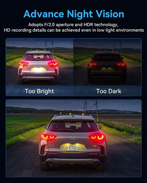 Three Channel 4K Front Dash Cam With Interior And Rear 1080P Cameras Night Vision comparison at night: too bright vs too dark.