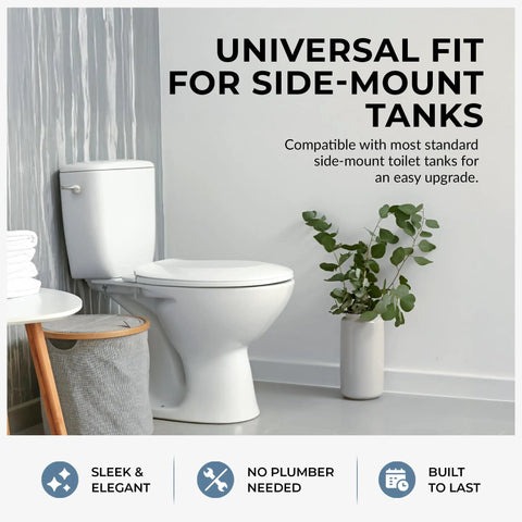 Modern bathroom with white toilet featuring Brushed Nickel Side Mount Toilet Handle Replacement Kit for Universal Toilet Tank Flush Lever.