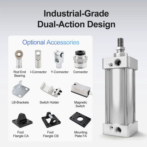Workhorse Pneumatic Air Cylinder With Two And A Half Inch Bore And Six Point Eight Nine Inch Stroke Double Acting Single Rod M16 By One Point Five Threaded Rod Three Eighths Port Includes Two Push In Fittings 63 mm Bore 175 mm Stroke with optional accessories including connectors and brackets
