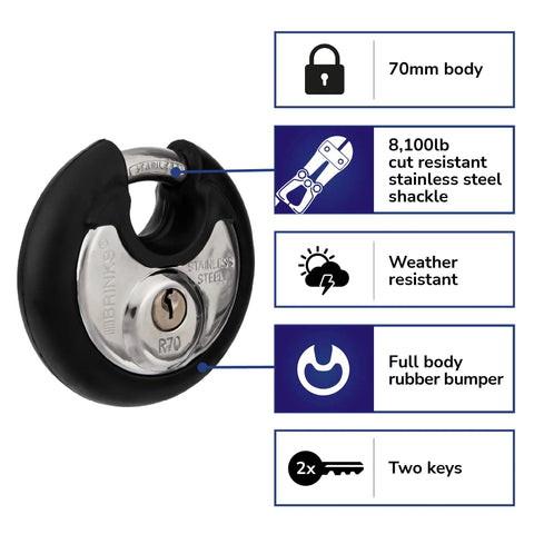 Beefy Commercial Stainless Discus Padlock Keyed 70 mm 4 Pin Cylinder Black Heavy Duty Security Lock With Cut Resistant Shackle Up To 8100 Lbs