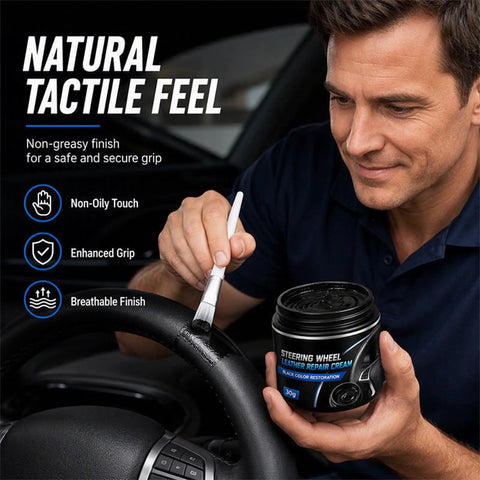 Refresh Your Gnarled Steering Wheel With This Badass Nourishing Leather Restoration Cream being applied to a steering wheel.