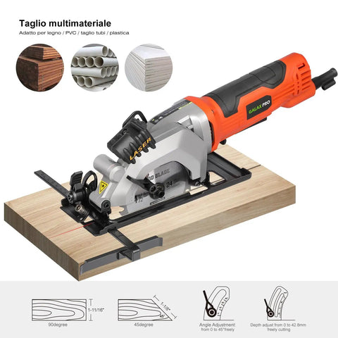 Heavy Duty Mini Circular Saw With Beefy 4 Amp Motor And Crisp Laser Sight For Dang Clean Cuts On PVC Laminate Drywall And 2x4s Featuring Slick Dust Collection Port on wood cutting.