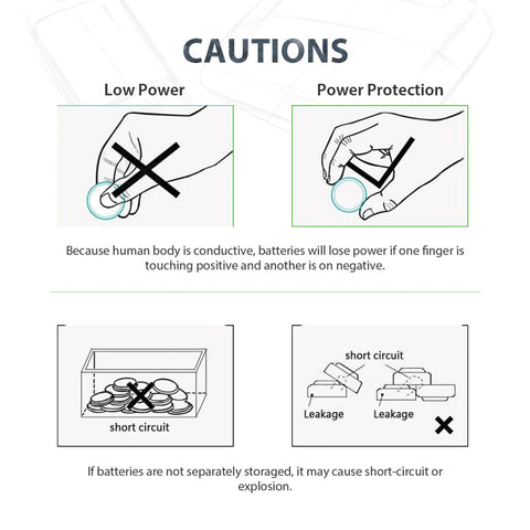 Caution instructions for CR2450 3V Lithium Batteries 10 Pack Grade A Coin Cells on power loss and short circuit risks.
