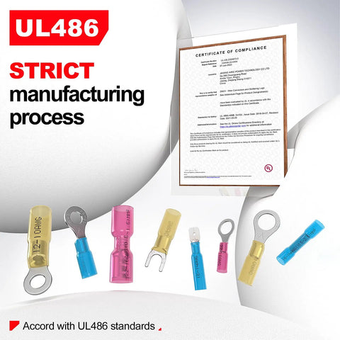 12 To 10 AWG Heat Shrink Ring Terminals Kit 50 Pcs Copper Battery Cable Lugs on white background with UL486 compliance certificate