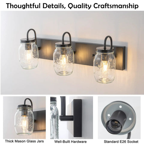 Mason Jar Vanity Glass Wall Lights Black Wall Sconce For Bathroom Farmhouse Decor, Modern Rectangular Backplate