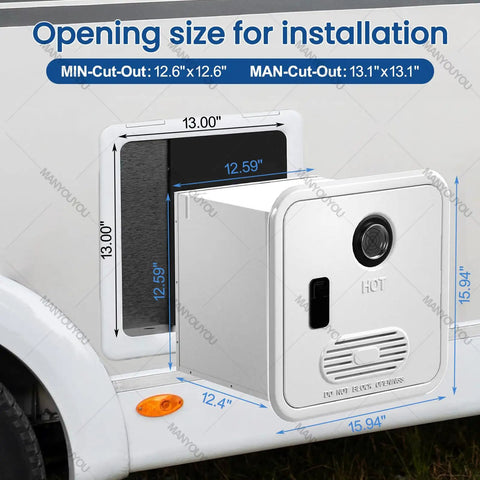 Propane Tankless Water Heater For Camper Van And RV Road Warrior Ready No Chill Hot Showers Portable 55000 Btu High Output Continuous Flow Daily Flex Camping Essential installation opening dimensions