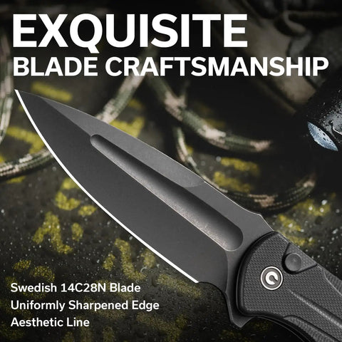 Premium Flipper Folding Pocket Knife Featuring A Razor Sharp 3.4 Inch 14C28N Swedish Steel Blade Crafted With A Sleek Machine Milled Handle For Sick Everyday Carry And Badass Rugged Outdoor Use, close-up of blade.