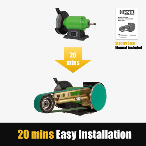 Heavy Duty Two Forty Eight Belt Grinder Attachment With Seven Inch Disc Sander Mount For Bench Grinders And Five Eighths Arbor, shown with easy installation.